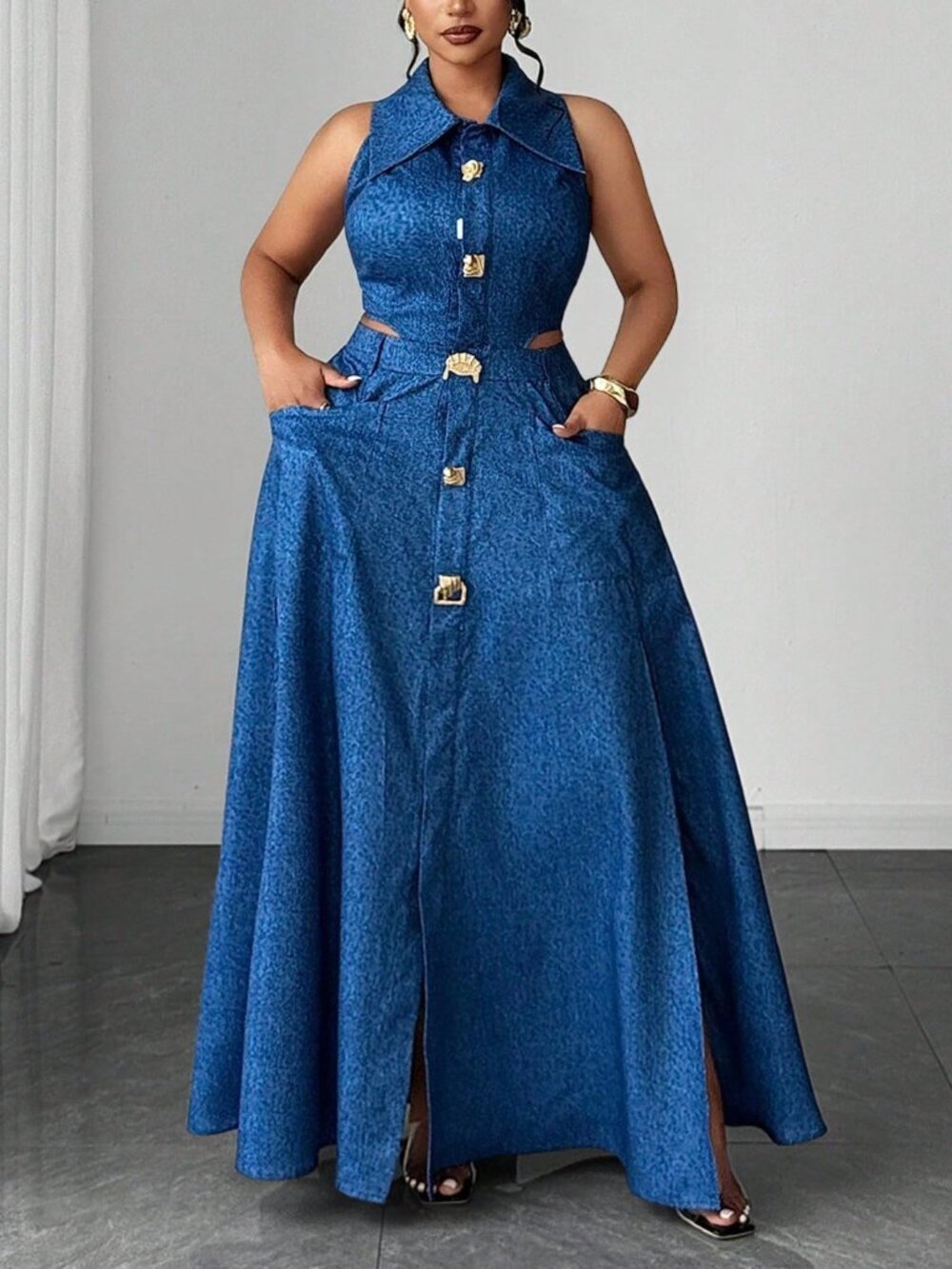 Blue Casual Women's Waist Cutout Pocket Sleeveless Dress